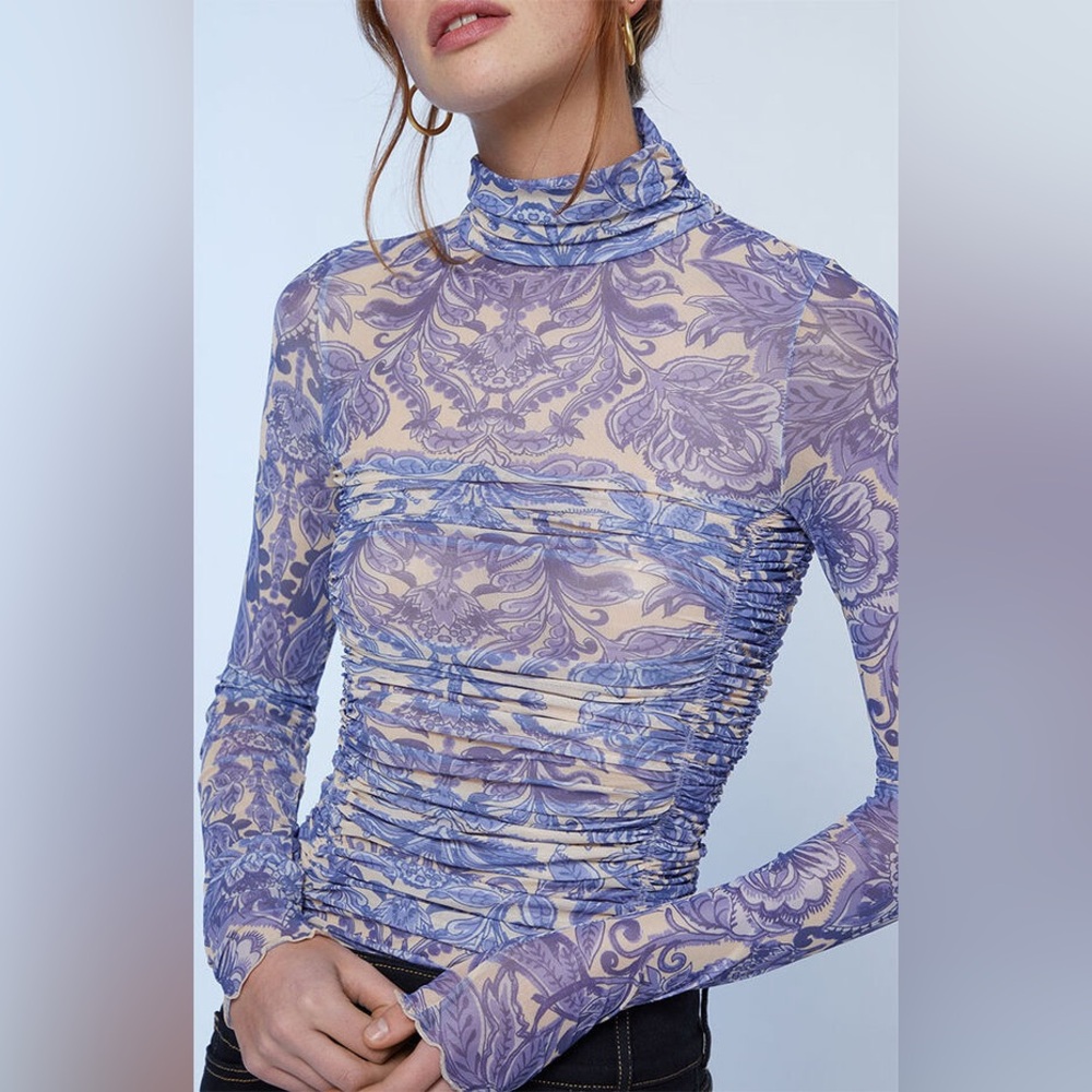 Free People Blue and Cream Floral Top